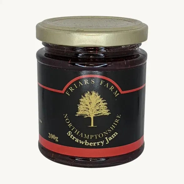 Traditional Strawberry Jam from Friars Farm in a 200g jar, with a close-up of the vibrant, glossy strawberry jam spread inside.