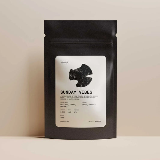 Nordfell Sunday Vibes roasted coffee blend in 250g bag, featuring rich, aromatic coffee beans with a vibrant label design.