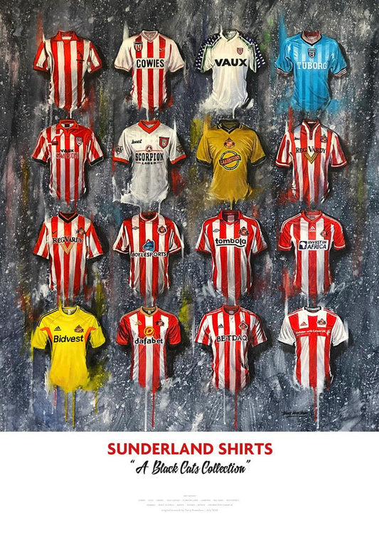 Signed limited edition print of Sunderland FC shirts by Terry Kneeshaw Art, featuring detailed artwork of iconic football jerseys.