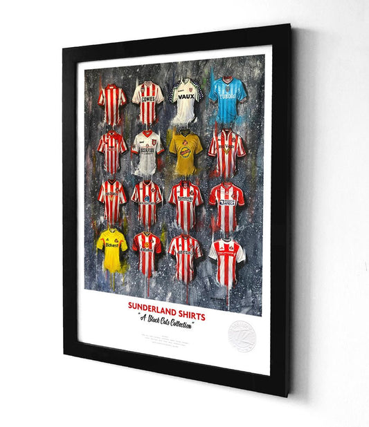Limited edition A3 framed print of Sunderland AFC black cats shirt wall art by Terry Kneeshaw Art.