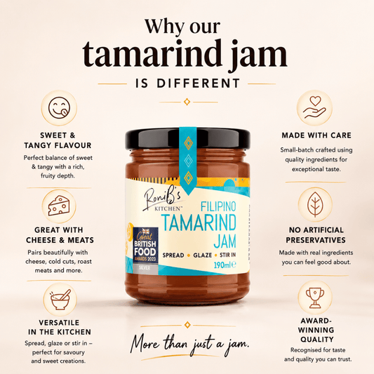 RoniBs Kitchen Filipino Tamarind Jam with Tarsier Gin, jar of tamarind jelly, perfect for cheese pairing, silver winner at Great British Food Awards
