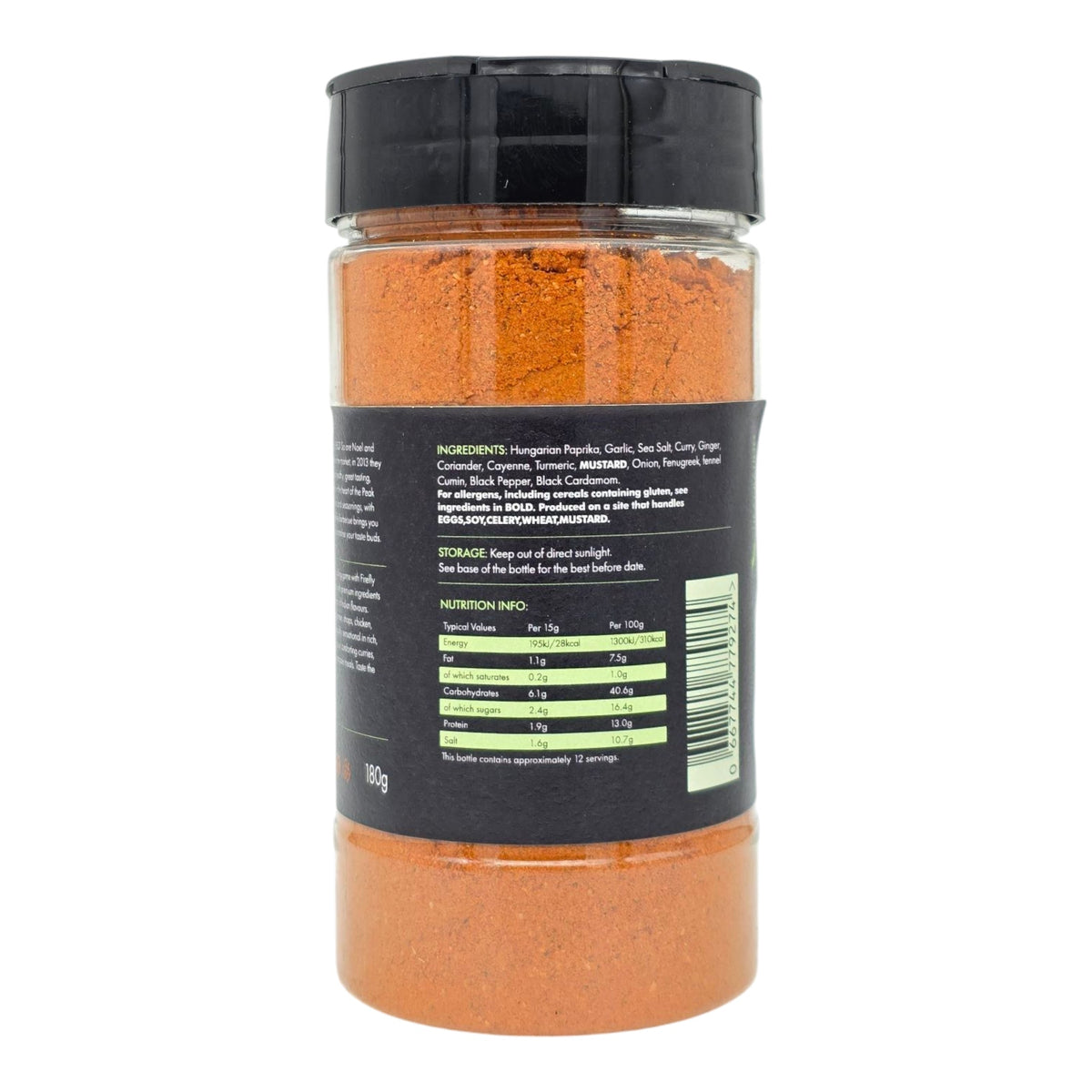 FireFly Barbecue Tandoori Spice Seasoning BBQ Rub in a jar, showing vibrant red and orange spices for grilling and roasting.