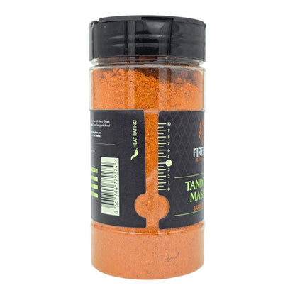 FireFly Barbecue Tandoori Spice Seasoning BBQ Rub in a jar with vibrant red and orange spices, ready for grilling or roasting.