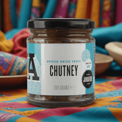 J&A Spiced Dried Fruit chutney on a colourful cloth background