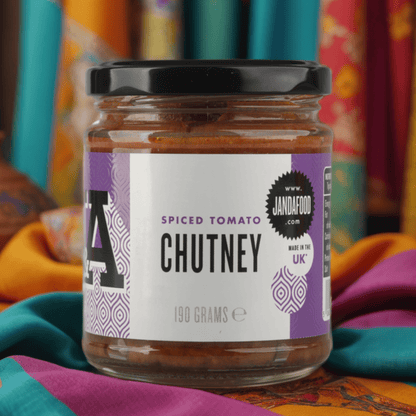 J&A Spiced Tomato Chutney on a colourful cloth background