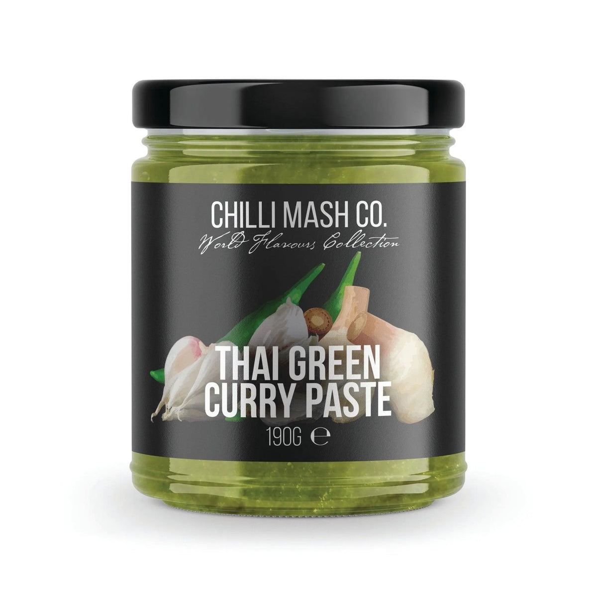 Thai green curry paste from Chilli Mash Co., 185g jar, showcasing vibrant green chili and spice blend for authentic flavor.