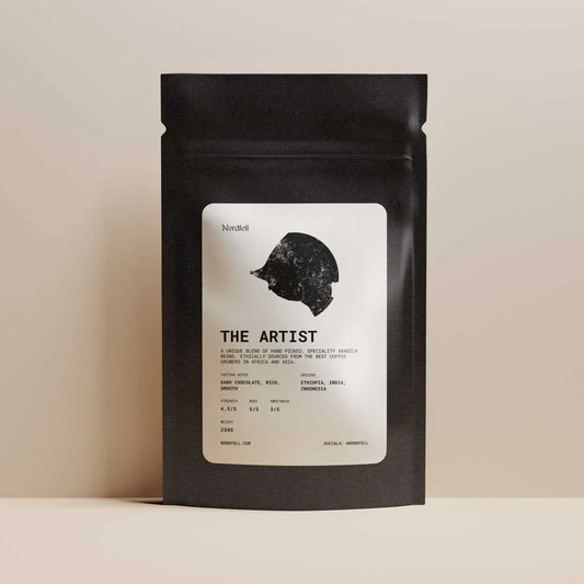 Nordfell The Artist Ethical Roasted Coffee Blend in 250g bag, featuring a rich, aromatic coffee with a colorful label design.