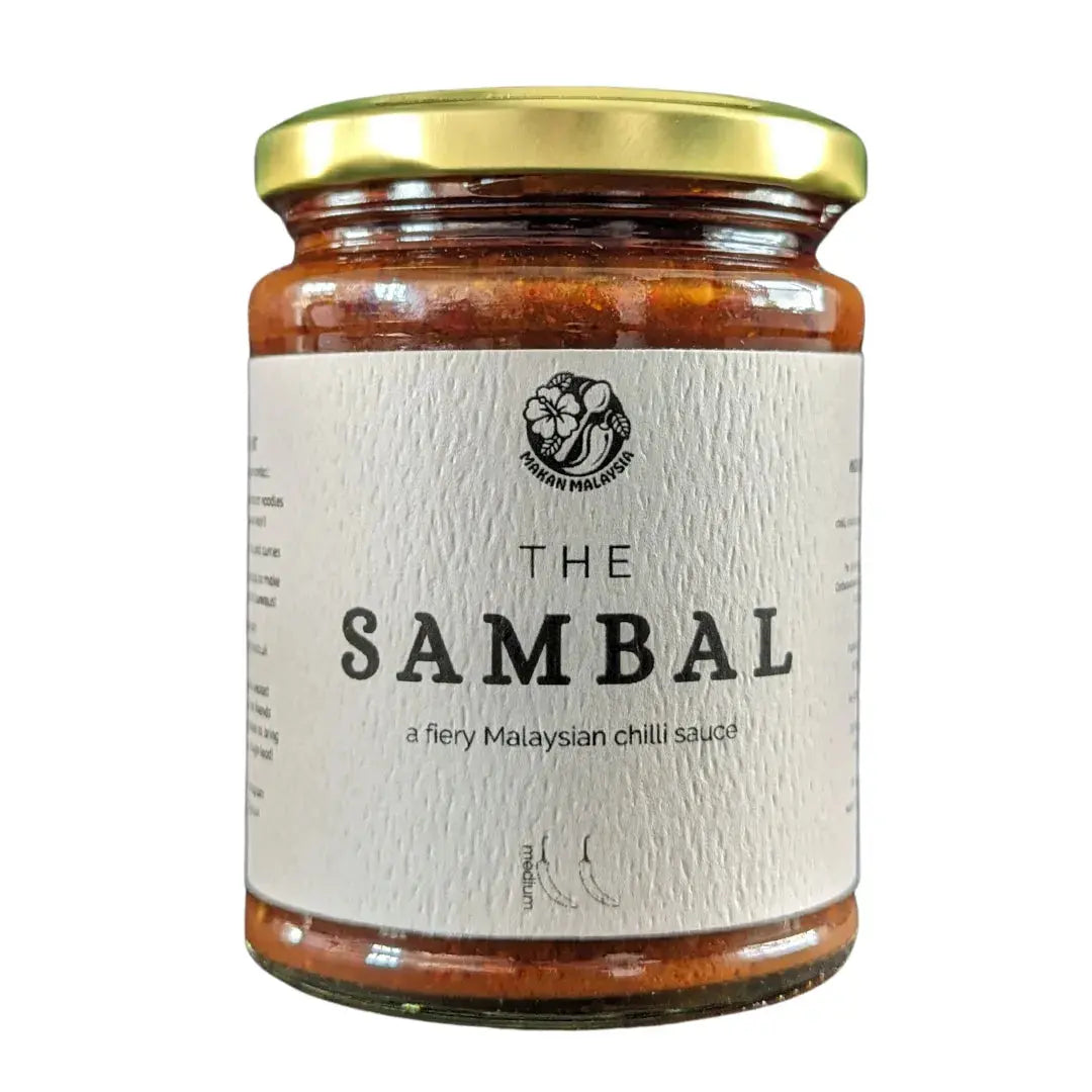 Spicy Makan Malaysia Sambal Chilli Sauce in a glass jar, showcasing its vibrant red color and textured chili ingredients.