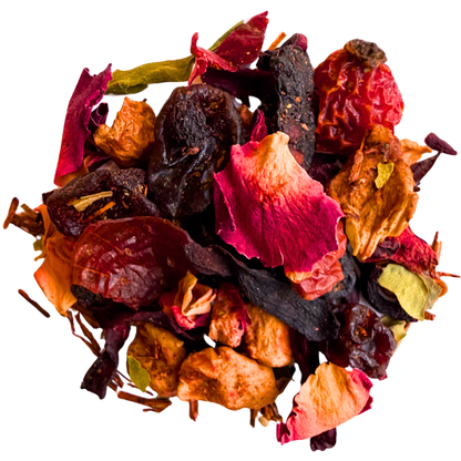 Jingle Berry Rooibos tea from Porter Hill Tea Company, featuring a vibrant box with berry illustrations and a steaming cup of brewed tea.