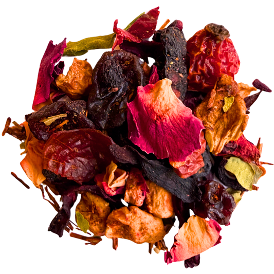 Jingle Berry Rooibos tea from Porter Hill Tea Company, featuring a vibrant box with berry illustrations and a steaming cup of brewed tea.