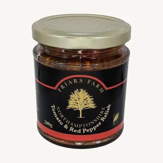 Cropped image of Friars Farm Tomato and Red Pepper Relish jar, showcasing the colorful relish inside without labels.