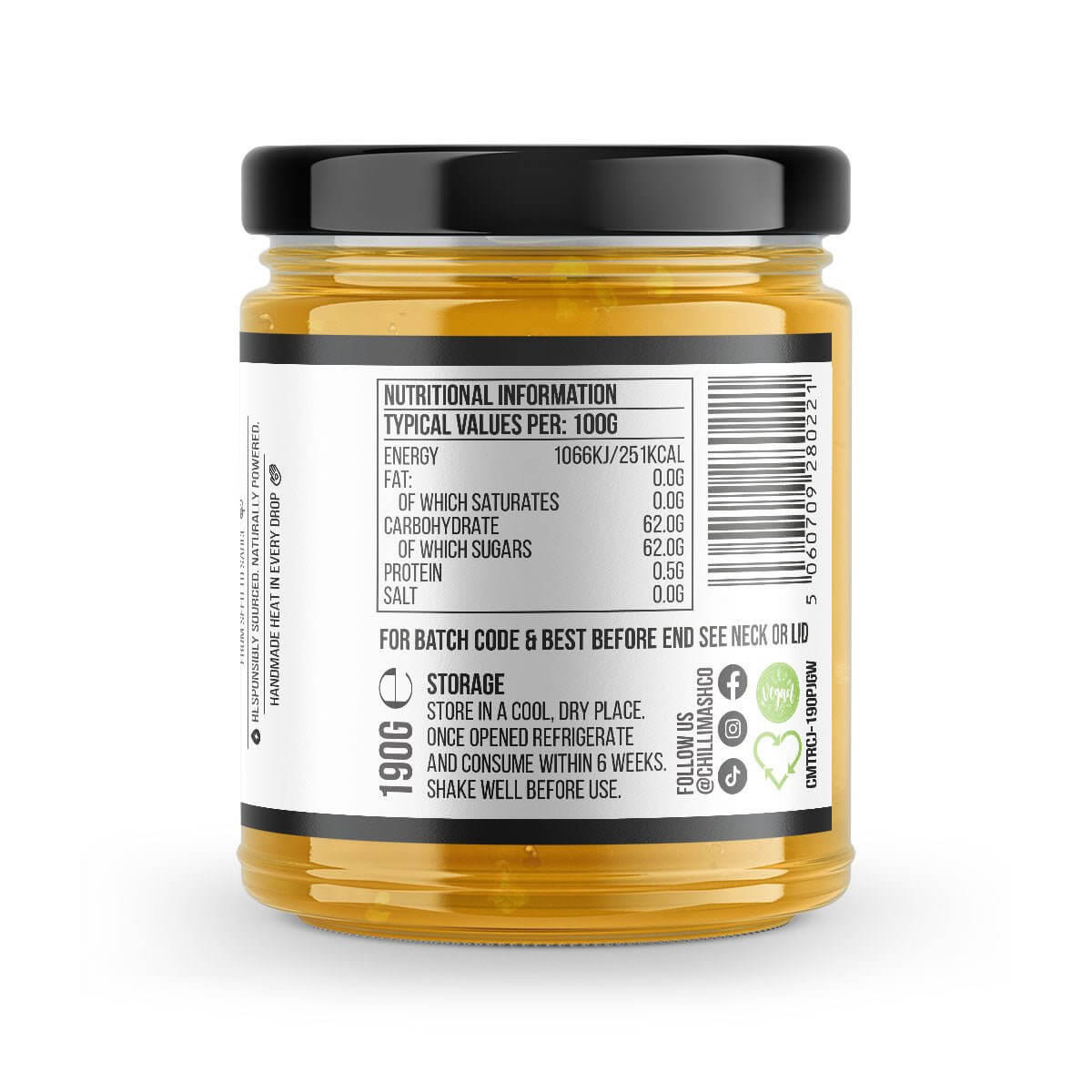 Tropical Chilli Jam from Chilli Mash Co., 190g jar with vibrant mango and chili mash, showcasing the sweet and fiery spread.