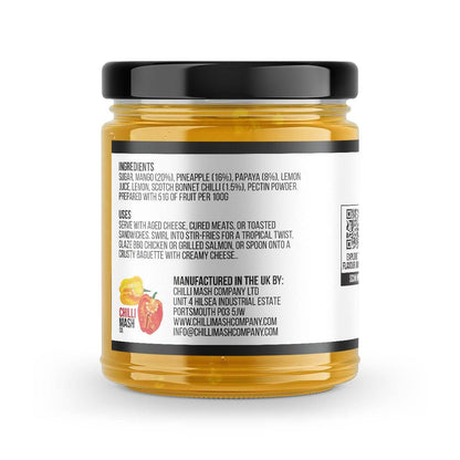 Tropical Chilli Jam by Chilli Mash Co. in 190g jar, featuring vibrant mango and chili mash with sweet, fiery flavors.
