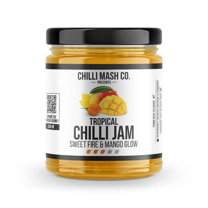 Tropical Chilli Jam by Chilli Mash Co., 190g jar with vibrant mango and chili mash, showcasing a colorful spicy fruit spread.