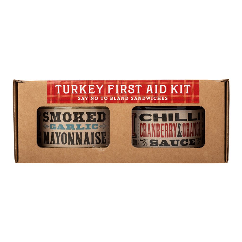 Manfood Turkey First Aid Kit with assorted turkey condiments, featuring small bottles and packets for flavorful turkey dishes.