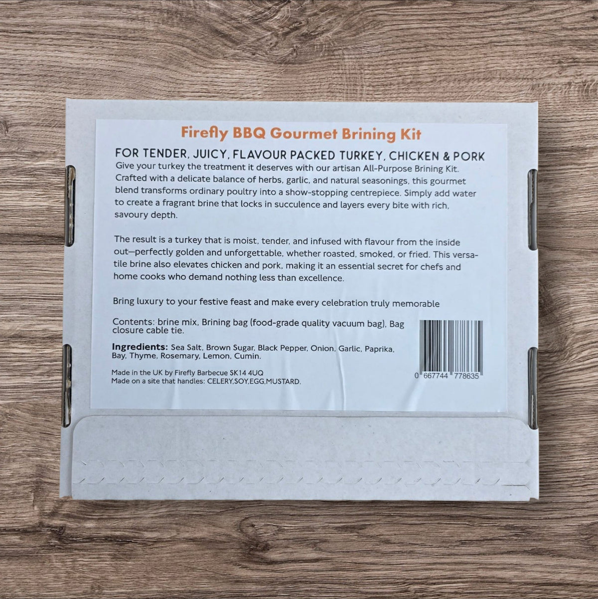 FireFly Barbecue Firefly BBQ Gourmet Brining Kit with jar, salt, spices, and instructions for flavorful turkey brine preparation.