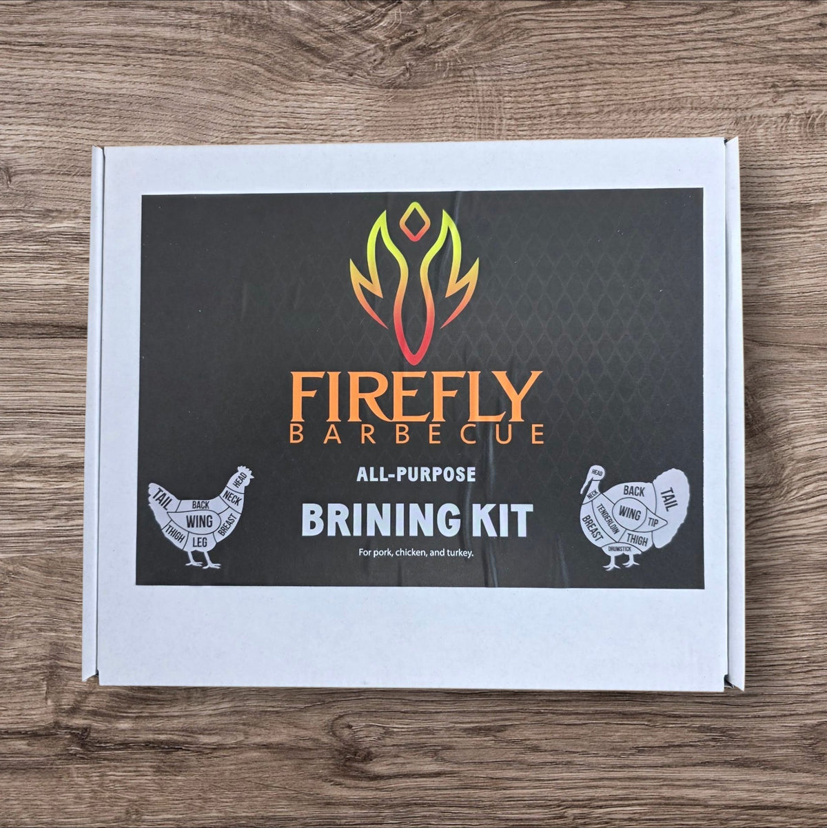 FireFly Barbecue Firefly BBQ Gourmet Brining Kit with turkey brine ingredients and tools for flavorful poultry preparation.