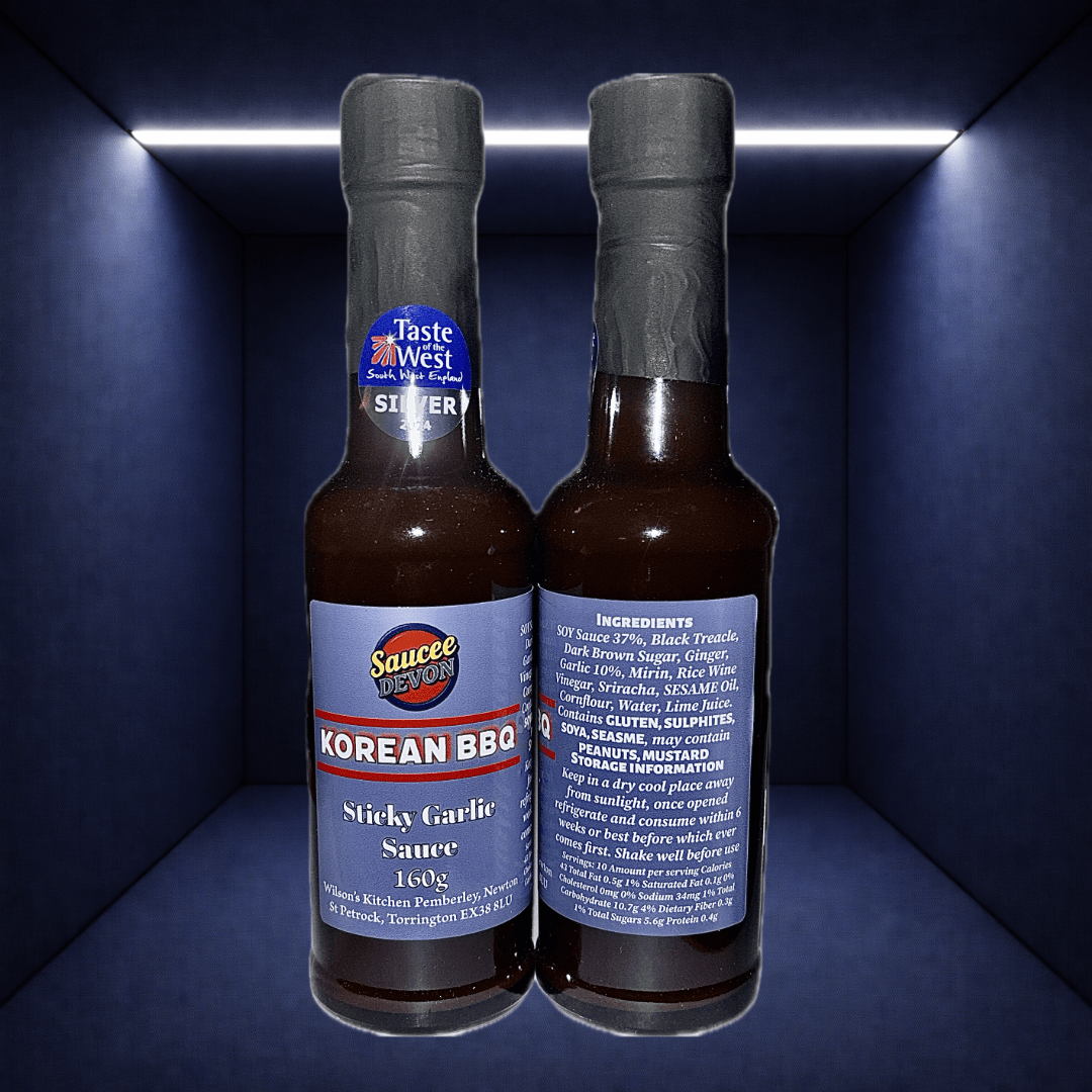 Wilson’s Kitchen Korean BBQ Sauce award-winning bottle with rich, dark sauce and Korean-inspired flavor profile.