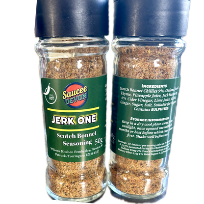 Wilson’s Kitchen Jerk Scotch Bonnet Seasoning in a jar, artisan chili sauce with vibrant spices and fresh Scotch bonnet peppers