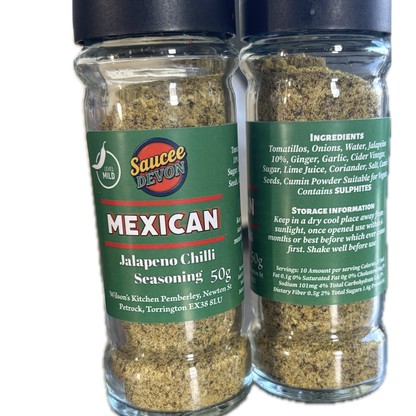 Wilson’s Kitchen Mexican Jalapeno Chili Seasoning for cooking, featuring vibrant red chili flakes and spices in a jar.