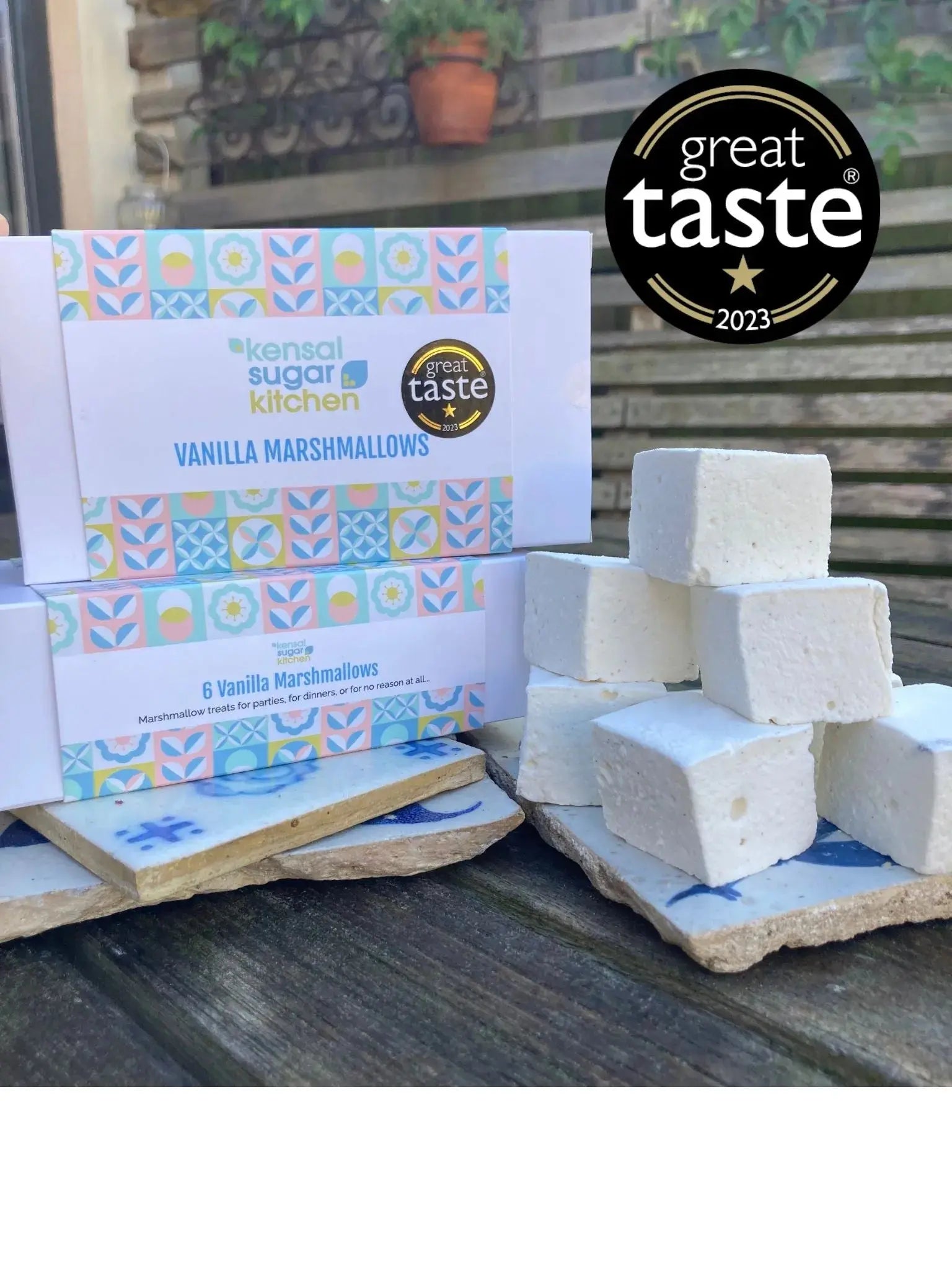 Box of 6 vanilla marshmallows from Kensal Sugar Kitchen, soft and fluffy with a smooth vanilla flavor, displayed in the image.