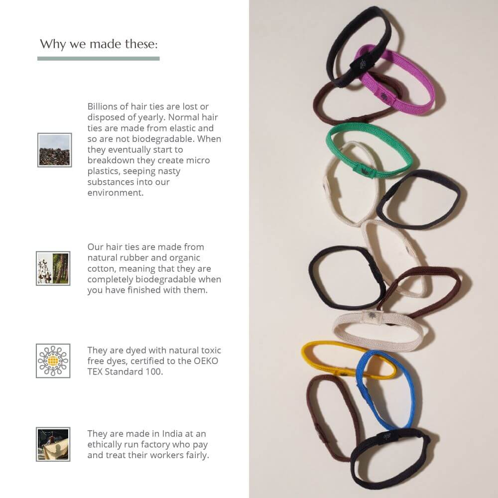 Set of six natural plastic-free hair ties from Wild And Stone, soft and stretchy hair accessories for everyday use.