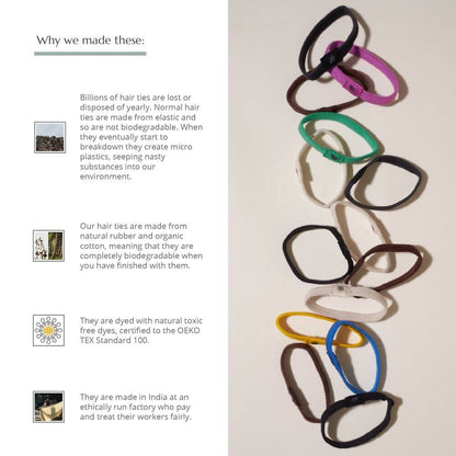 Set of six natural plastic-free hair ties from Wild And Stone, soft and stretchy hair accessories for everyday use.