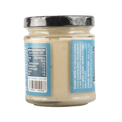 Creamy vegan smoky garlic mayonnaise by Manfood, showing a jar with a smooth, flavorful garlic and smoky seasoning inside.
