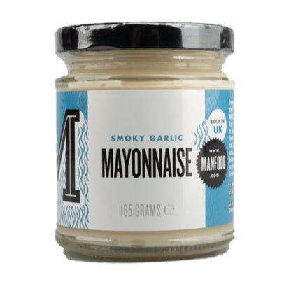 Vegan Smoky Garlic Mayonnaise by Manfood in a jar, showcasing creamy mayo with smoky garlic flavor.