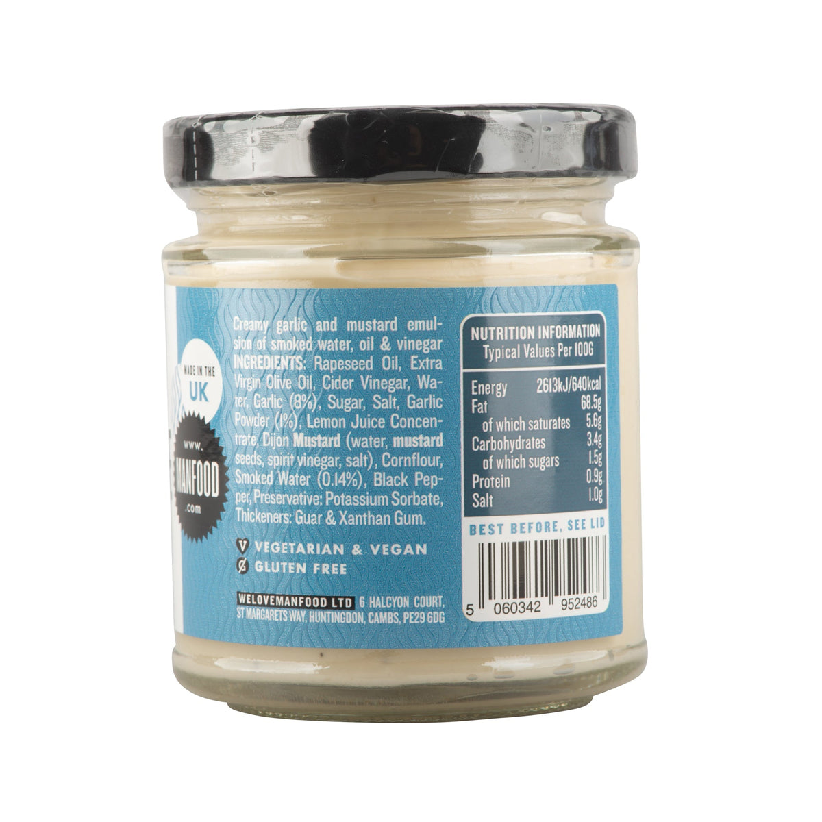 Manfood Vegan Smoky Garlic Mayonnaise jar with creamy texture and smoky garlic flavor, ideal for sandwiches and dips.