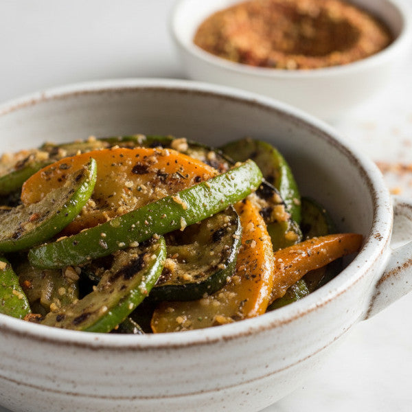 Goodness in a Bowl vegetable seasoning rub in a jar, showcasing colorful dried herbs and spices for flavorful vegetable dishes.