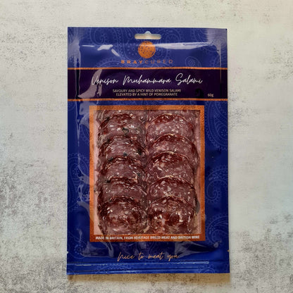Bray Cured Adventure Tasting Trio featuring venison charcuterie and muhammara in a selection pack.