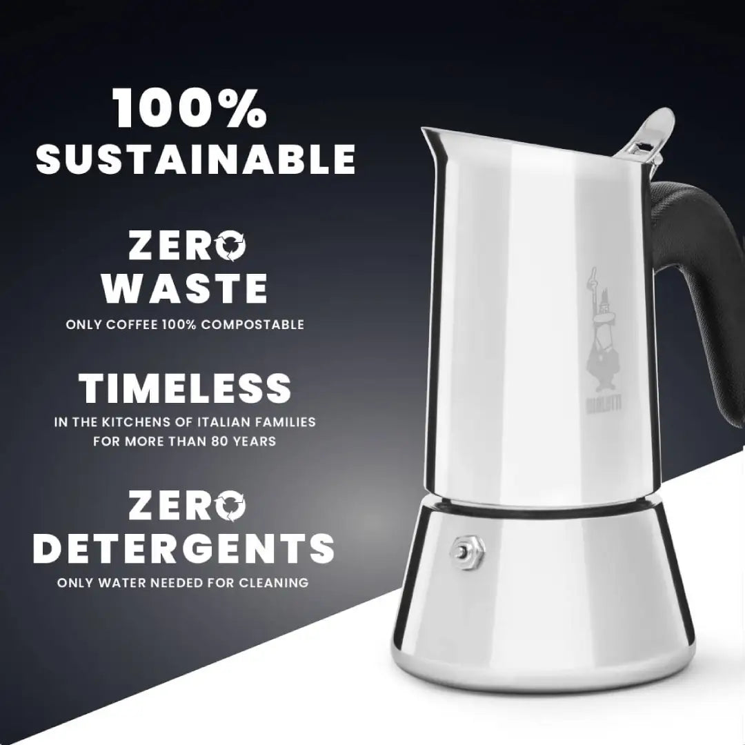 Bialetti Venus induction stovetop coffee maker by Brew Italia showing the sleek stainless steel design and handle.
