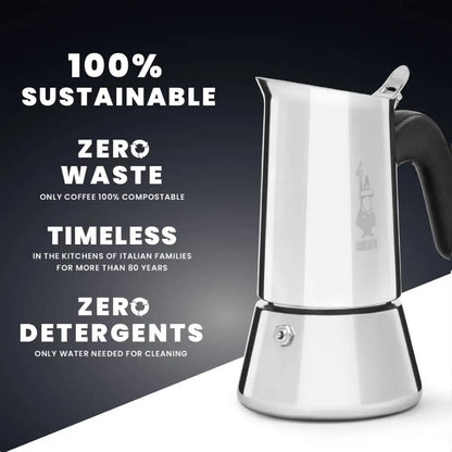 Bialetti Venus induction stovetop coffee maker by Brew Italia showing the sleek stainless steel design and handle.