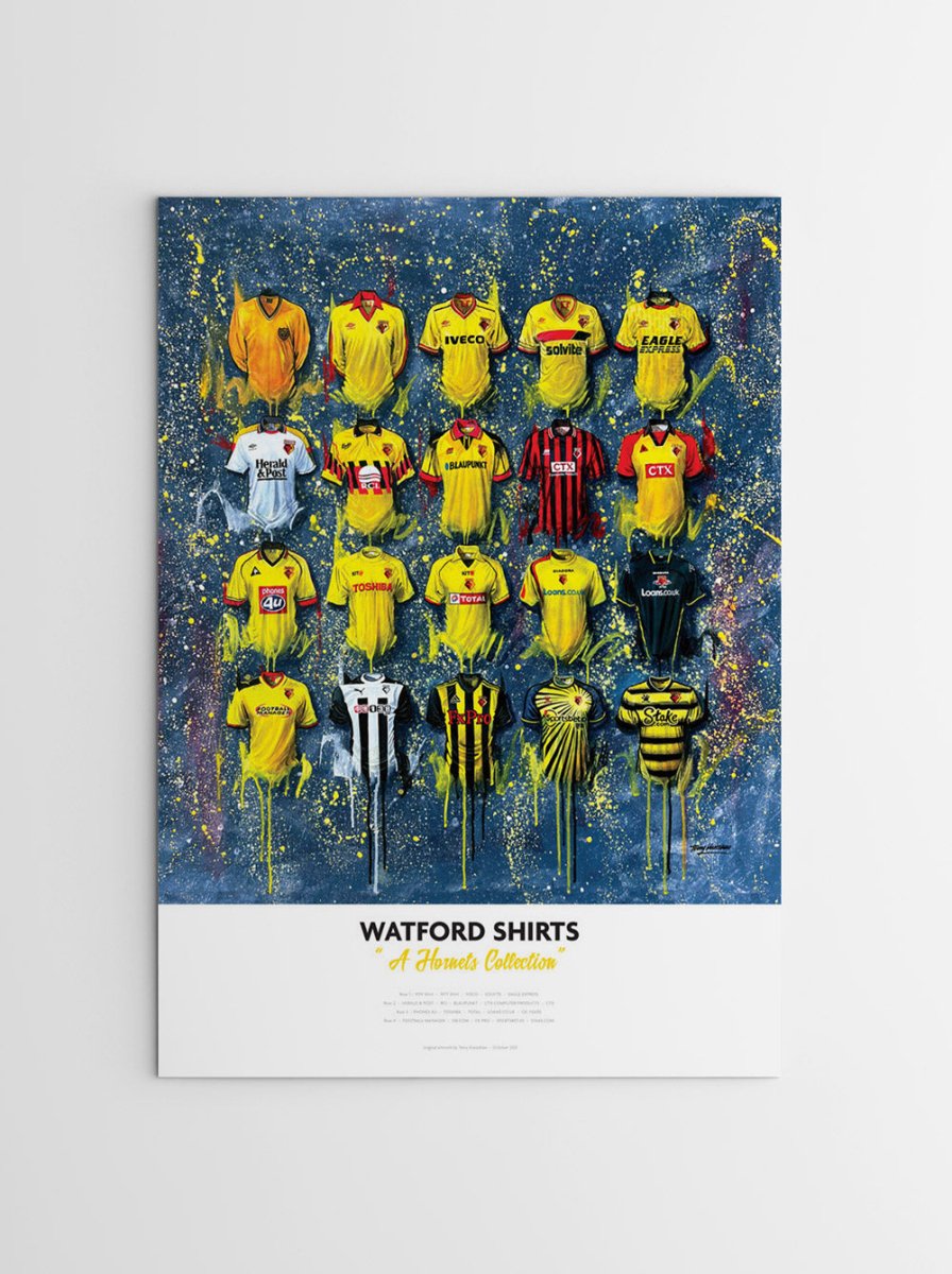 Limited edition signed print of Watford FC shirts by Terry Kneeshaw Art, featuring detailed artwork of the football jerseys.