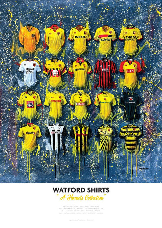 Limited edition signed print of Watford FC shirts by Terry Kneeshaw Art, featuring authentic team memorabilia artwork.