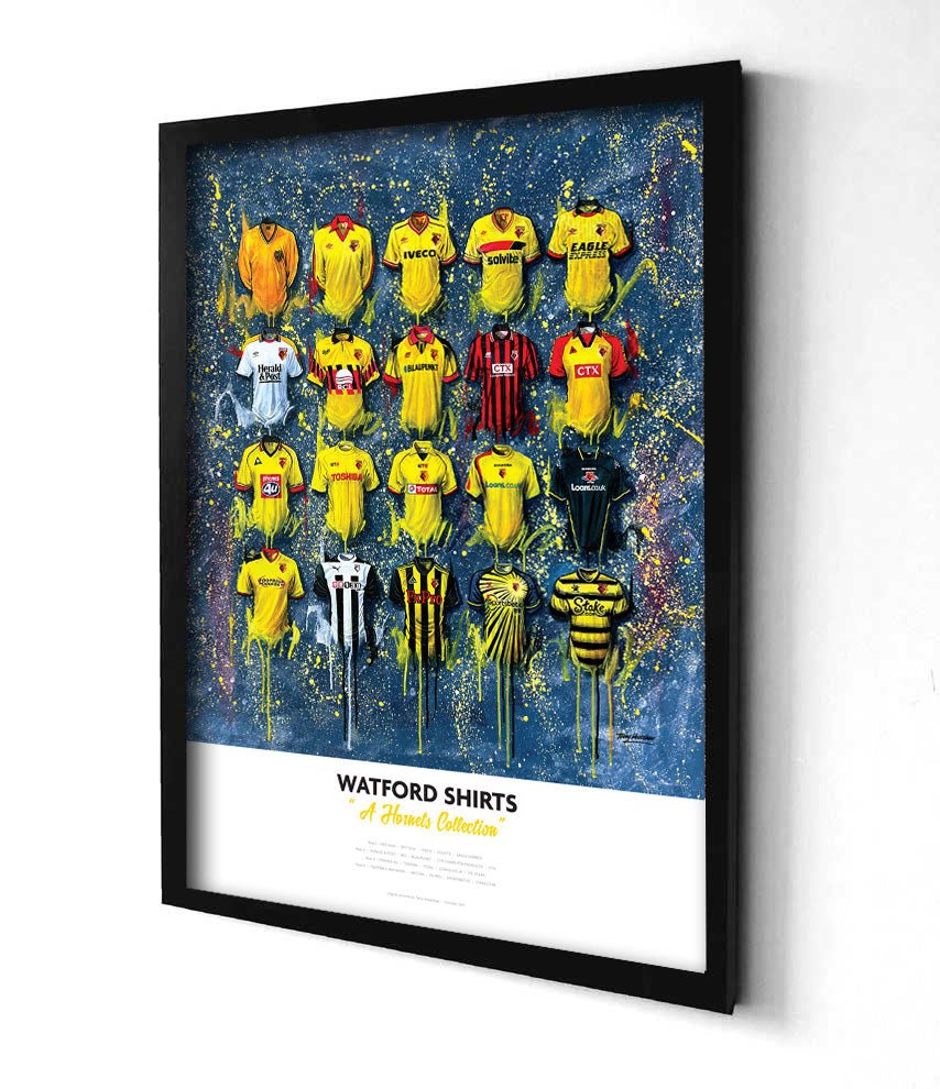 Limited edition signed print of Watford FC shirts by Terry Kneeshaw Art, featuring detailed artwork of A2-sized football shirts.