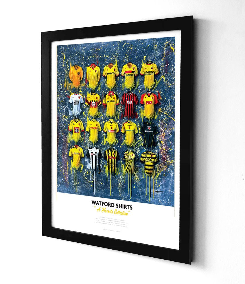 Limited edition Watford A3 framed print featuring iconic Hornets shirt wall art by Terry Kneeshaw Art.