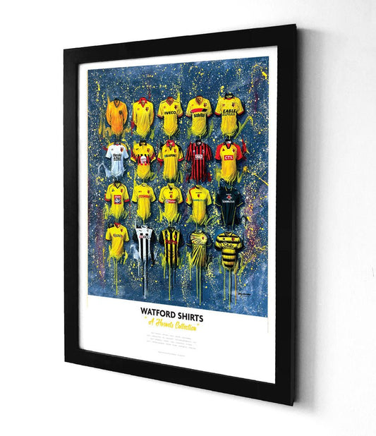 Limited edition Watford A3 framed print featuring iconic Hornets shirt wall art by Terry Kneeshaw Art.