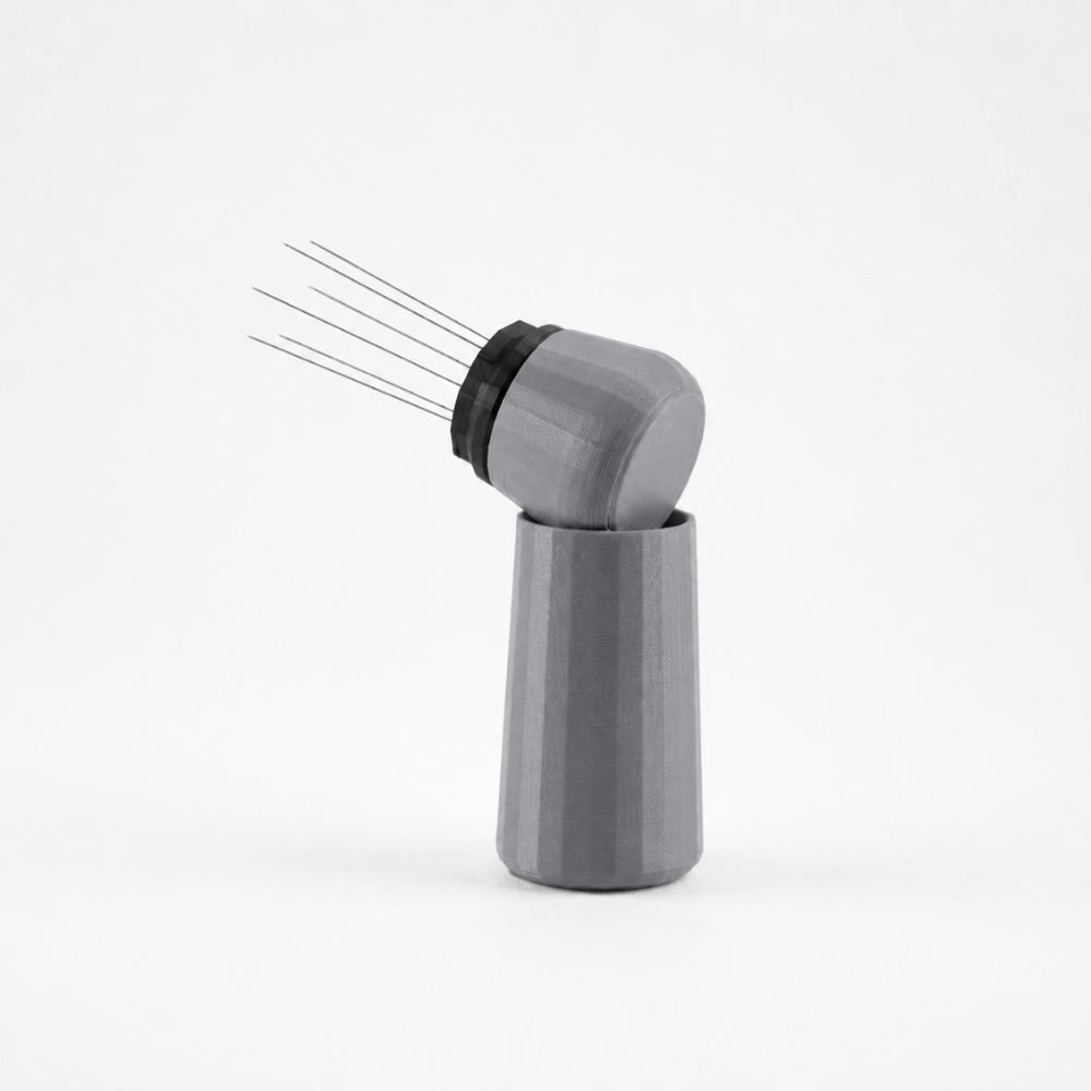 KNOCDIC® espresso WDT tool with ash grey standing holder for precise coffee grind distribution and tamping.