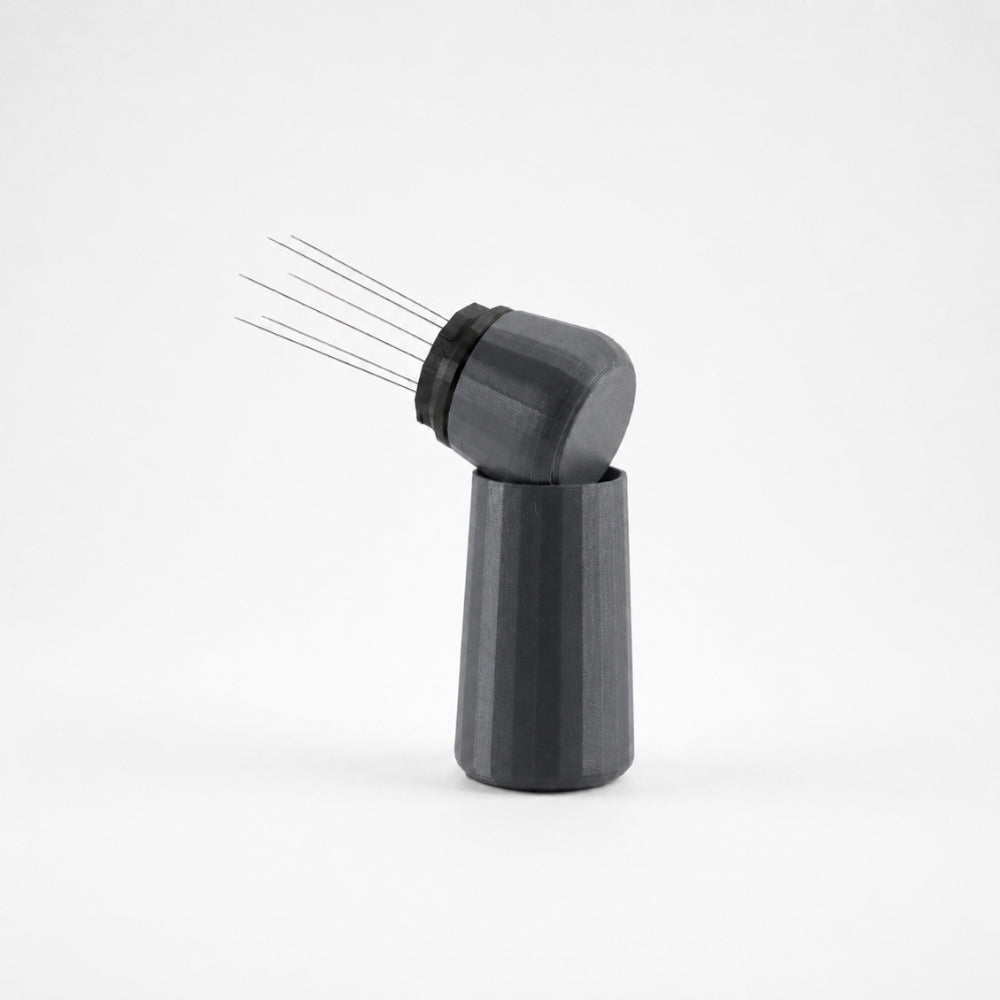 KNOCDIC® Espresso WDT tool with standing holder in charcoal color, designed for precise coffee extraction and tamping.