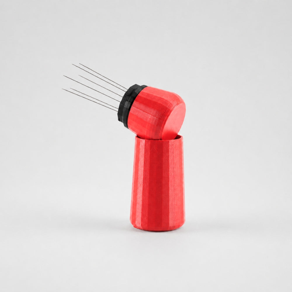 KNOCDIC® Espresso WDT tool with red handle and standing holder for precise coffee grind distribution.