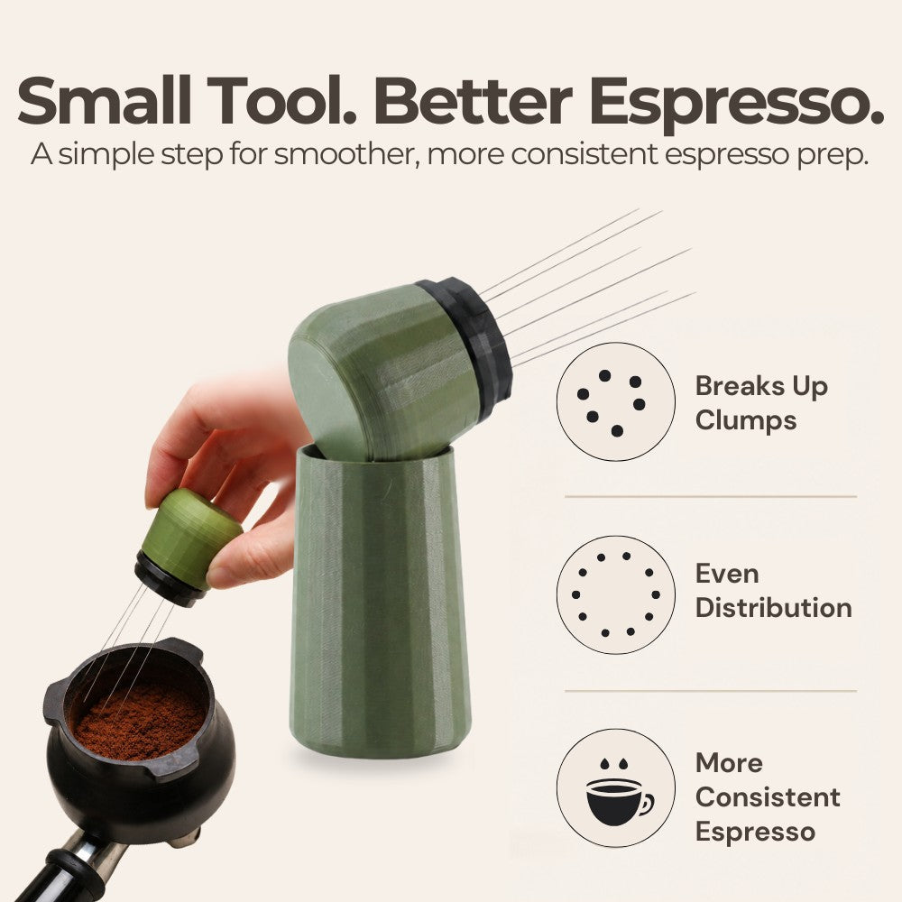 KNOCDIC® Espresso WDT tool with standing holder for precise coffee tamping and grinding adjustment in barista brewing.