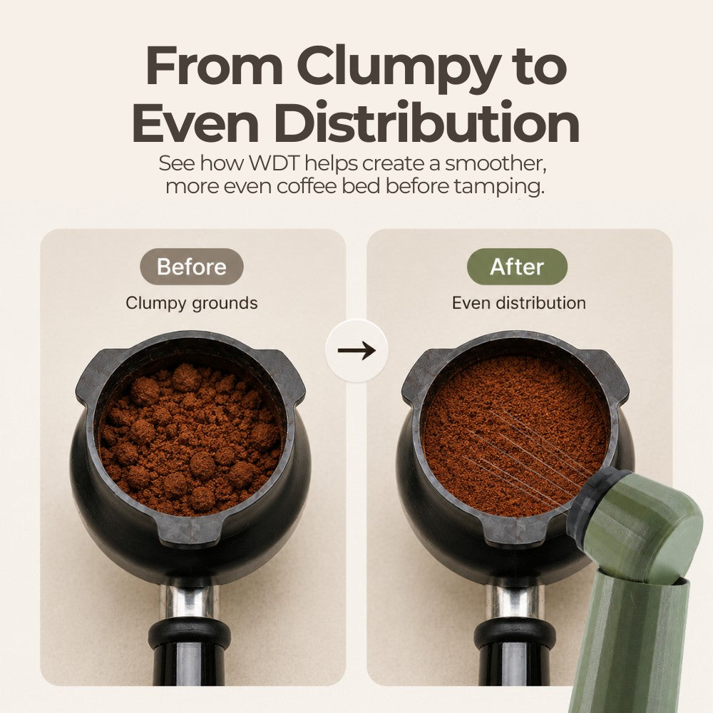 KNOCDIC® Espresso WDT tool with standing holder for precise coffee extraction and tamping in barista espresso preparation.