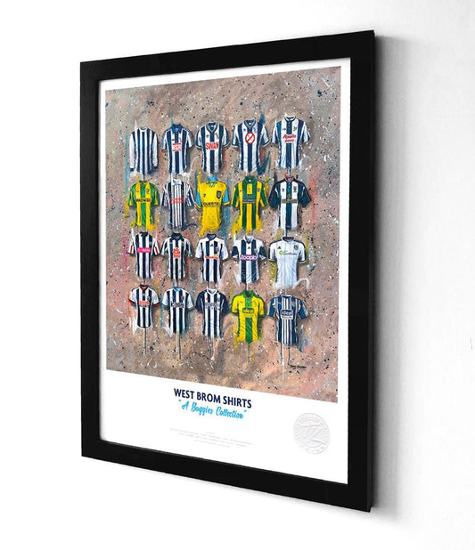 Limited edition West Bromwich Albion A3 framed print of iconic Baggies shirt art by Terry Kneeshaw Art.