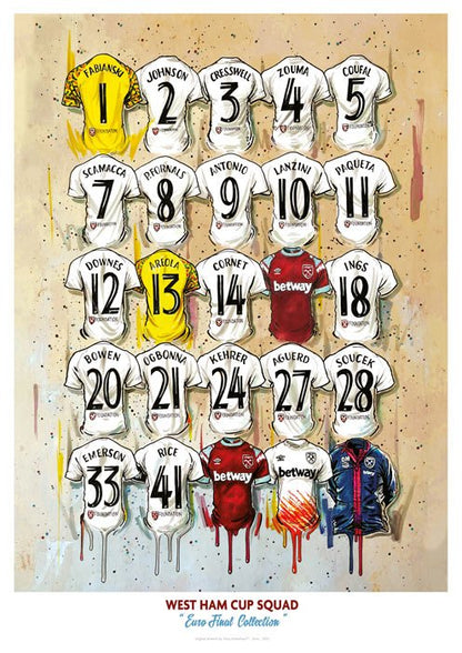 Limited edition West Ham European Champions A2 print featuring signed Hammers shirt artwork by Terry Kneeshaw Art.