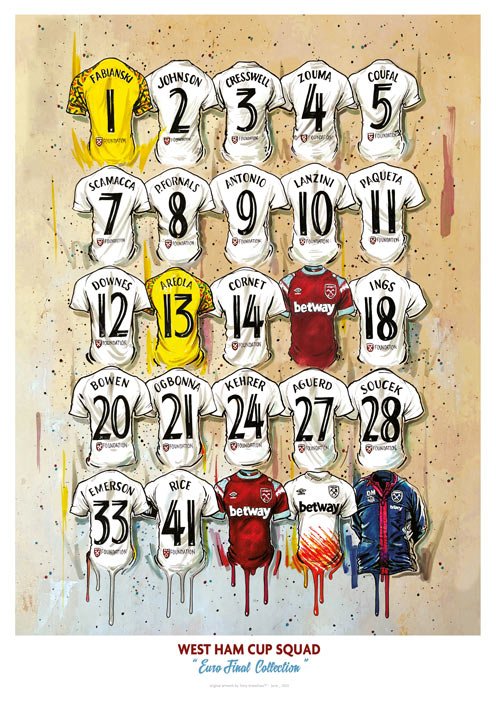 Limited edition West Ham European Champions A2 print featuring signed Hammers shirt artwork by Terry Kneeshaw Art.