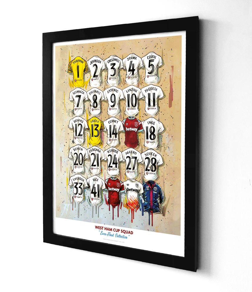 Limited edition West Ham European Champions A2 print featuring signed Hammers shirt artwork by Terry Kneeshaw Art.