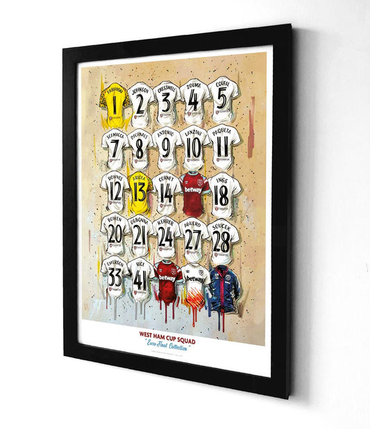 Limited edition West Ham European Champions A3 print by Terry Kneeshaw Art, featuring the Hammers squad and wall art design.