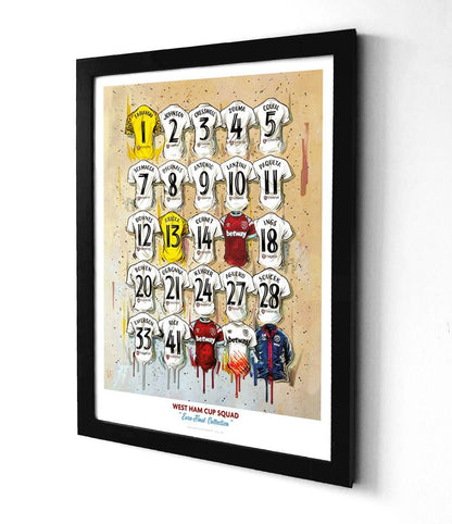 Limited edition West Ham European Champions A3 framed print by Terry Kneeshaw Art featuring the Hammers squad shirts.